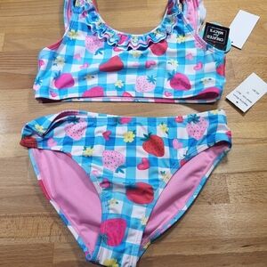 Nwt Girls Size 12 Blue and Pink Strawberry Picnic Bikini Swimsuit Breaking Waves